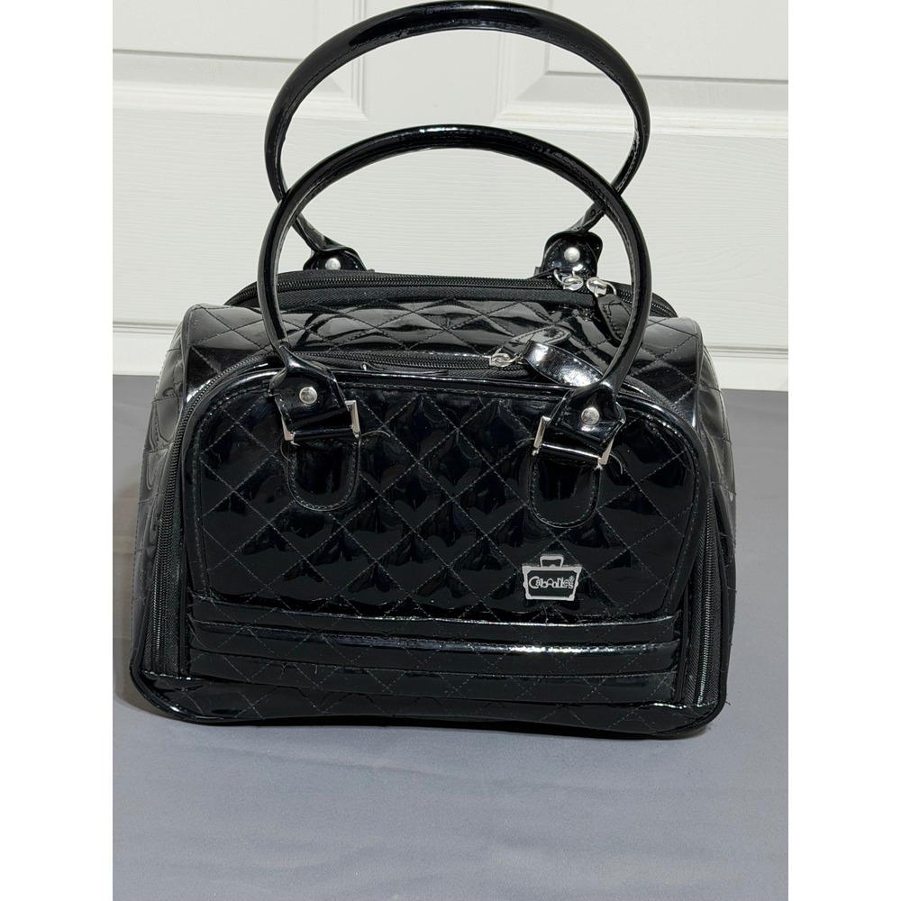 Caboodles Black Quilted Patent Faux Leather Cosmetic Makeup Train Case Bag